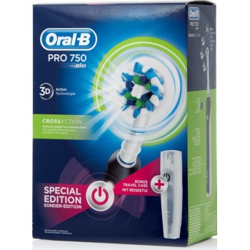 Oral-B Pro 750 Cross Action 3D Black Special Edition Ηλεκτρική Οδοντόβουρτσα & Δώρο Θήκη Ταξιδιού, Μαύρο Χρώμα, 1 τεμάχιο